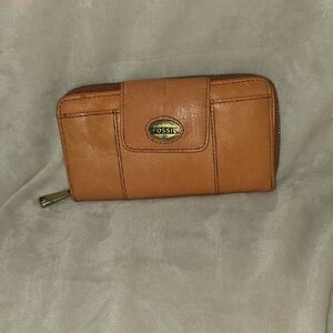 Fossil Orange Leather Zip Wallet